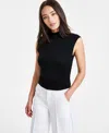 Bar Iii Side-ruched Mock-neck Sleeveless Top, Regular & Petites, Created For Macy's In Deep Black
