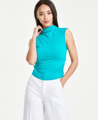 Bar Iii Petite Side-ruched Mock-neck Sleeveless Top, Created For Macy's In Teal Oasis