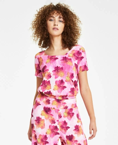 Bar Iii Petite Textured Print Round-neck Short-sleeve Top, Created For Macy's In Frankie Floral