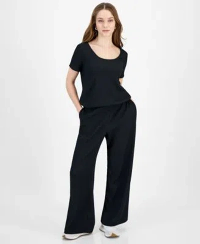 Bar Iii Petite Textured Short Sleeve Scoop Neck Top High Rise Textured Wide Leg Pants Created For Macys In Deep Black