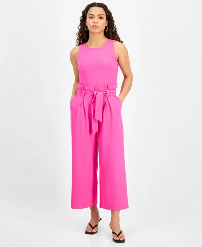 Bar Iii Petite Women's Sleeveless Crewneck Tie-waist Jumpsuit, Created For Macy's In Pinkadelic
