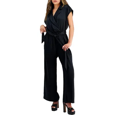 Bar Iii Petites Womens Crossover Polyester Jumpsuit In Black