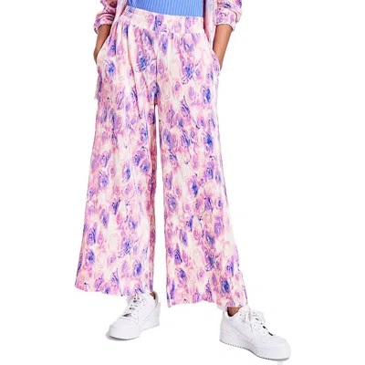 Bar Iii Petites Womens Pleated Printed Wide Leg Pants In Multi