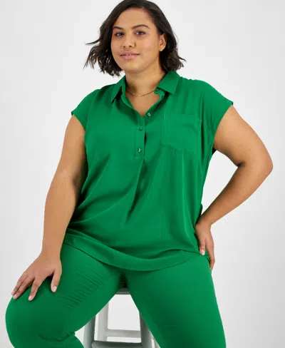 Bar Iii Plus Size Button-front Cap-sleeve Popover Top, Created For Macy's In Green Chili