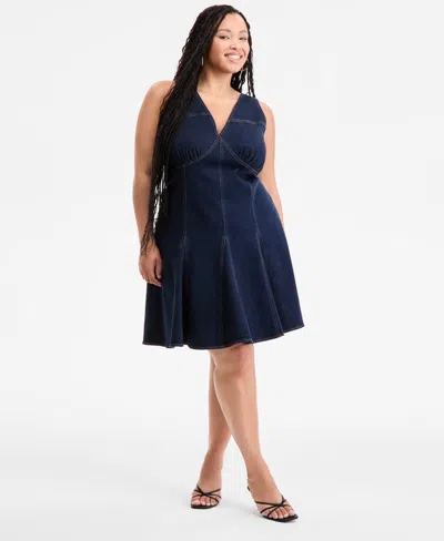 Bar Iii Plus Size Denim Halter Flared Dress, Exclusively At Macy's