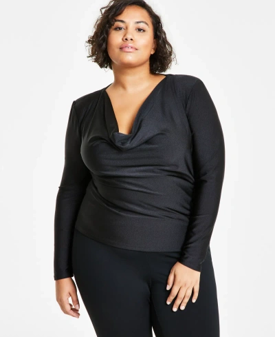 Bar Iii Trendy Plus Size Long-sleeve Cowlneck Top, Created For Macy's In Deep Black