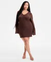 Bar Iii Plus Size Long-sleeve Solid-mesh Mini Dress, Exclusively At Macy's In Brown