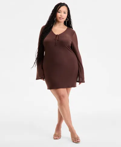 Bar Iii Plus Size Long-sleeve Solid-mesh Mini Dress, Exclusively At Macy's