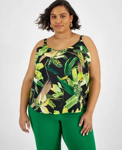 Bar Iii Plus Size Printed Cowlneck Camisole Top, Created For Macy's In Black,green