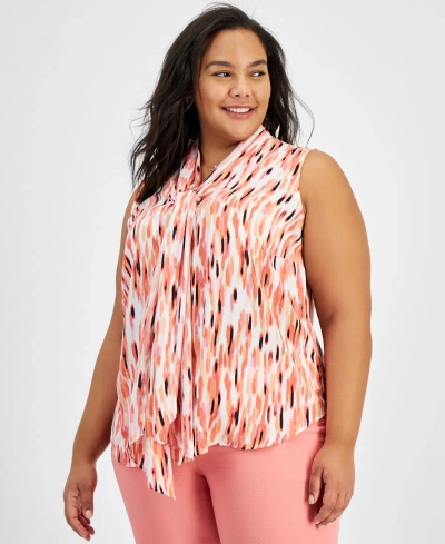 Bar Iii Plus Size Printed Sleeveless Bow Neck Blouse, Created For Macy's In Blanc,peach Amber Multi