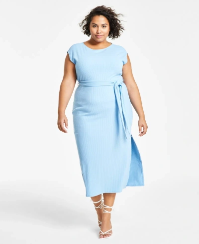 Bar Iii Trendy Plus Size Ribbed Cap-sleeve Belted Dress, Created For Macy's In Clean Cornflower