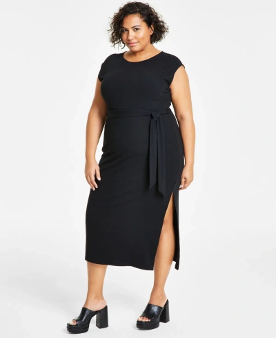 Bar Iii Trendy Plus Size Ribbed Cap-sleeve Belted Dress, Created For Macy's In Deep Black