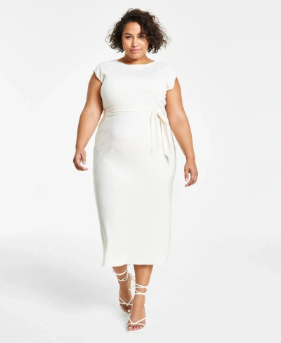 Bar Iii Trendy Plus Size Ribbed Cap-sleeve Belted Dress, Created For Macy's In Palomino