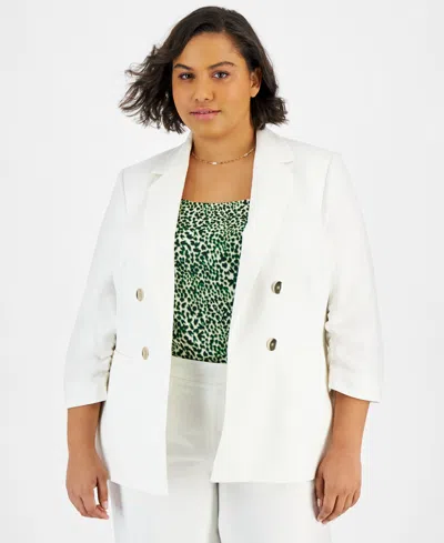 Bar Iii Plus Size Scrunch-sleeve Linen-blend Open-front Blazer, Created For Macy's In Blanc
