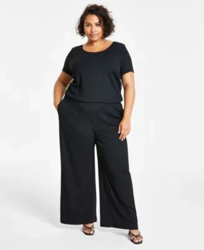 Bar Iii Plus Size Short Sleeve Textured Top Wide Leg Pants Created For Macys In Deep Black