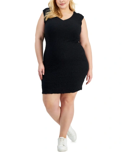 Bar Iii Trendy Plus Size Sleeveless Textured Dress, Created For Macy's In Deep Black