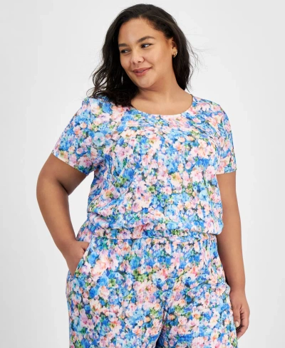 Bar Iii Trendy Plus Size Textured Floral Short-sleeve Top, Created For Macy's In Lana Floral