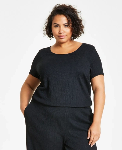 Bar Iii Trendy Plus Size Textured Short-sleeve Top, Created For Macy's In Deep Black