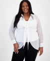 BAR III TRENDY PLUS SIZE TIE-FRONT LONG-SLEEVE BLOUSE, CREATED FOR MACY'S