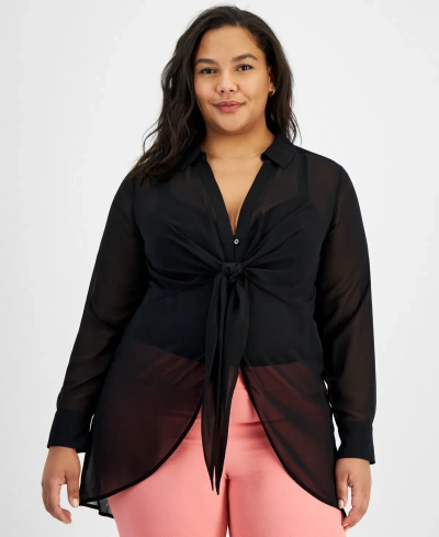 Bar Iii Trendy Plus Size Tie-front Long-sleeve Blouse, Created For Macy's In Deep Black