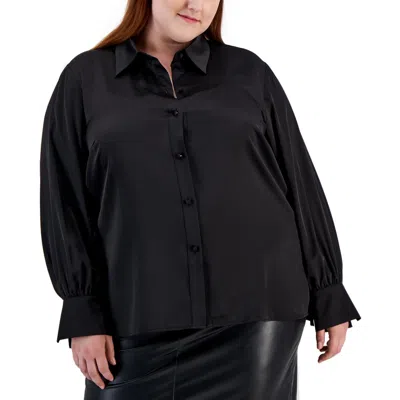 Bar Iii Plus Womens Satin Collared Button-down Top In Black