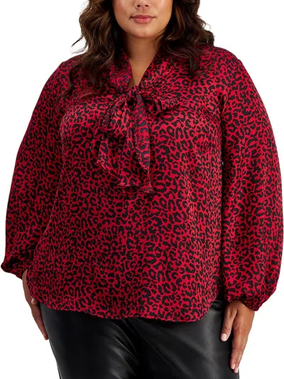 Bar Iii Plus Womens Tie Neck Animal Print Blouse In Multi