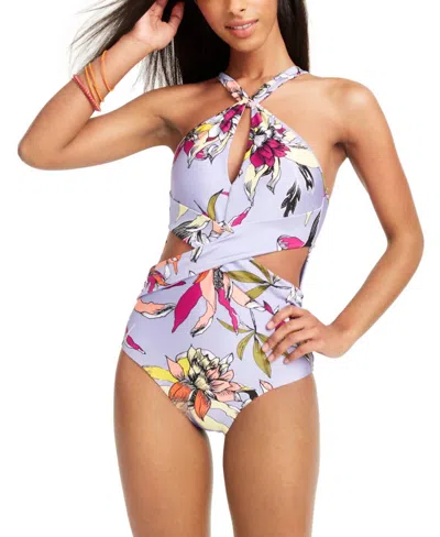 Bar Iii Printed High-neck Cutout One-piece Swimsuit In Wild Tropic In Multi