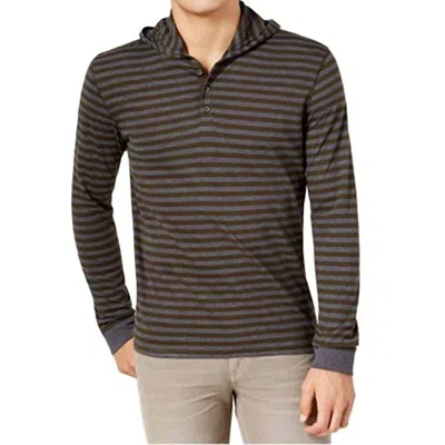 Bar Iii Striped Henley Hooded Shirt In Olive Combo In Black