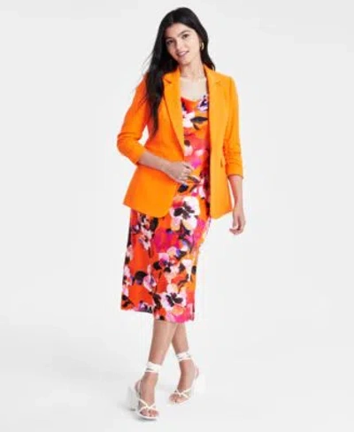 Bar Iii Textured Jacket Printed Cowlneck Dress Created For Macys In Tangerine