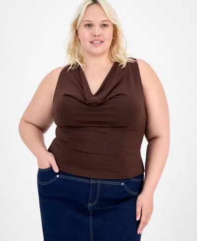 Bar Iii Trendy Plus Crepe Sleeveless Cowlneck Top, Exclusively At Macy's In Brown