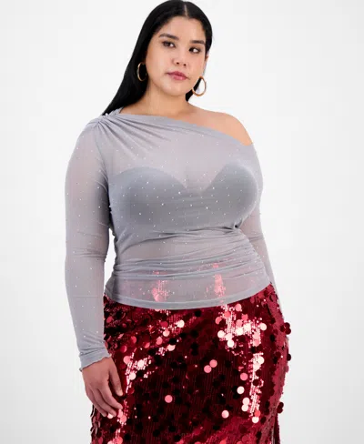 Bar Iii Trendy Plus Embellished Off-shoulder Mesh Top, Macy's Exclusive In Gray