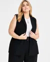Bar Iii Trendy Plus Peak Lapel Open Front Long Vest Sleeveless Ribbed Cut Out Top Wide Leg High Rise Pants E In Deep Black