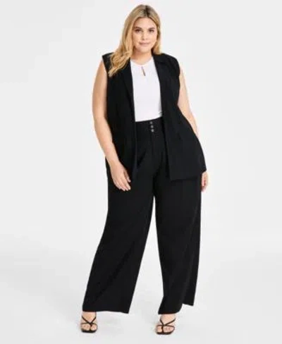 Bar Iii Trendy Plus Peak Lapel Open Front Long Vest Sleeveless Ribbed Cut Out Top Wide Leg High Rise Pants E In Deep Black