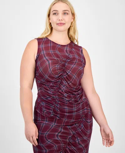BAR III TRENDY PLUS PLAID ASYMMETRIC-RUCHING TOP, MACY'S EXCLUSIVE