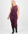 Bar Iii Trendy Plus Plaid Asymmetric Ruching Top Skirt Macys Exclusive In Burgundy