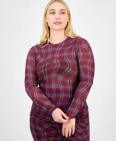 Bar Iii Trendy Plus Plaid Ruched Long-sleeve Top, Macy's Exclusive In Multi
