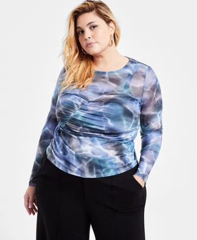 Bar Iii Trendy Plus Printed-mesh Long-sleeve Ruched Top, Exclusively At Macy's In Ombre Wave