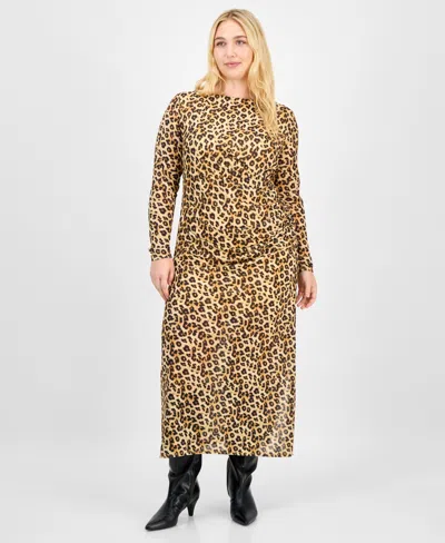 Bar Iii Trendy Plus Printed-mesh Ruched Midi Dress, Macy's Exclusive In Animal Print