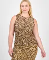Bar Iii Trendy Plus Printed-mesh Ruched Top, Macy's Exclusive In Brown