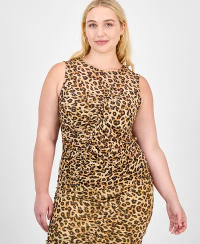 Bar Iii Trendy Plus Printed-mesh Ruched Top, Macy's Exclusive In Brown