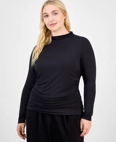 Bar Iii Trendy Plus Ruched Mock-neck Long-sleeve Top, Macy's Exclusive In Black