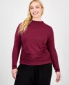 Bar Iii Trendy Plus Ruched Mock-neck Long-sleeve Top, Macy's Exclusive In Red