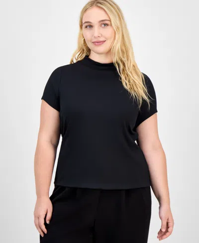 Bar Iii Trendy Plus Second-skin Short-sleeve Mock-neck Top, Macy's Exclusive In Black