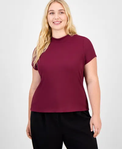 Bar Iii Trendy Plus Second-skin Short-sleeve Mock-neck Top, Macy's Exclusive In Burgundy
