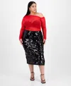 Bar Iii Trendy Plus Sequin Side-slit Midi Skirt In Red
