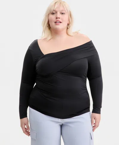 Bar Iii Trendy Plus Size Asymmetrical-neck Long-sleeve Top, Macy's Exclusive In Black