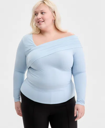 Bar Iii Trendy Plus Size Asymmetrical-neck Long-sleeve Top, Macy's Exclusive In Blue