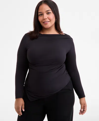 Bar Iii Trendy Plus Size Boat-neck Asymmetrical Hem Top, Macy's Exclusive In Black