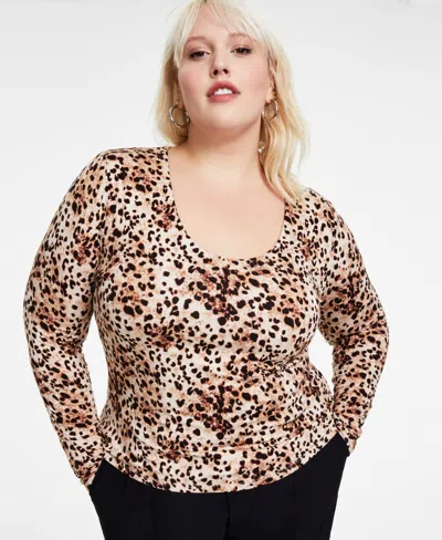 Bar Iii Trendy Plus Size Cheetah-print Long-sleeve Top, Created For Macy's In Carly Cheetah