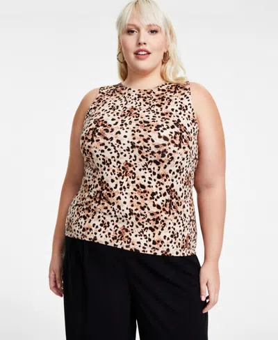 Bar Iii Trendy Plus Size Cheetah-print Sleeveless Jersey Crewneck Top, Created For Macy's In Carly Chee